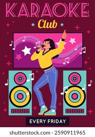 Karaoke club poster. Woman singing songs with microphone. Happy singers. Talent show. Music concert invitation. Musical nightclub. Disco entertainment. Audio recorder and screen. Vector banner design