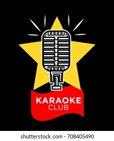 Karaoke club promotional emblem with retro microphone and star