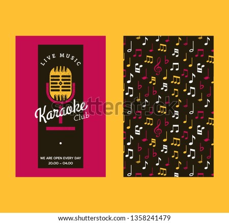 Karaoke club set of banners vector illustration. Live music with notes. Advertisement of event. Microphone for singers songs. Night show party. Singing activity. Opening hours.