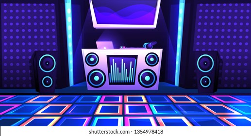 Karaoke club with stage and microphone, dance floor and bar. Projectors shine on the walls, disco ball with light and tables and cocktails. Vector cartoon illustration