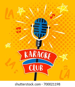 Karaoke club symbol, logo or emblem with lettering. Vector illustration.