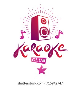 Karaoke club vector emblem created using musical notes and subwoofer discotheque amplifier, design elements for karaoke club flyers cover design.