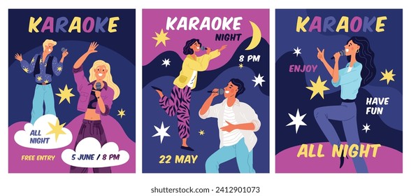 Karaoke club visitors cards. Happy friends have fun at music bar, people singing songs into microphone, vocal competition, greeting poster design, cartoon flat isolated