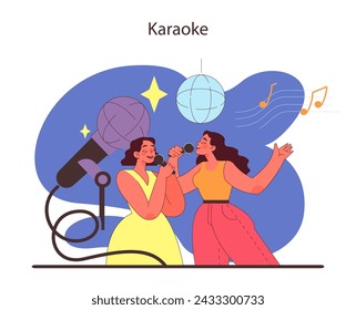 Karaoke concept. Duo joyfully singing with a microphone, basking in the glow of a disco ball. Musical expression and entertainment at a fun-filled karaoke night. Flat vector illustration.