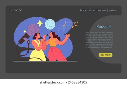 Karaoke concept. Duo joyfully singing with a microphone, basking in the glow of a disco ball. Musical expression and entertainment at a fun-filled karaoke night. Flat vector illustration.