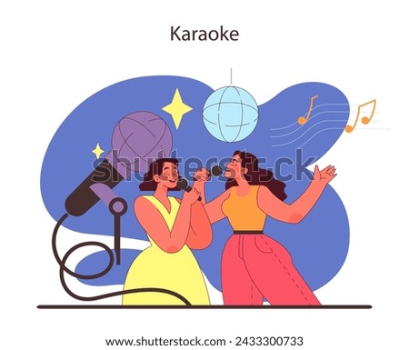 Karaoke concept. Duo joyfully singing with a microphone, basking in the glow of a disco ball. Musical expression and entertainment at a fun-filled karaoke night. Flat vector illustration.