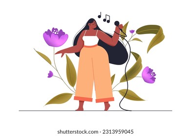 Karaoke concept with woman scene in the flat cartoon style. The girl sings karaoke and has fun. Vector illustration.