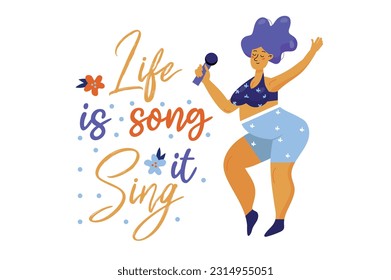 Karaoke concept with woman scene in the flat cartoon style. A woman in the flesh sings karaoke. Vector illustration.