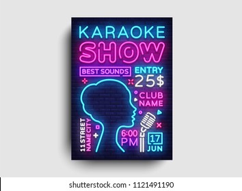 Karaoke design poster vector. Karaoke Party Design Template Flyer, Neon Style, Karaoke Show brochure, Neon Banner, Light Flyer, Concert Invitation, Live Music, Night Party Invitation. Vector