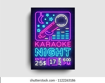 Karaoke design poster vector. Karaoke Party Design Template Flyer, Neon Style, Karaoke Night brochure, Neon Banner, Light Flyer, Concert Invitation, Live Music, Night Party Invitation. Vector