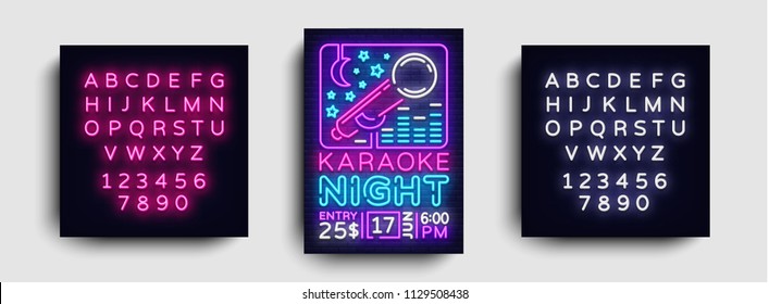 Karaoke design poster vector. Karaoke Party Design Template Flyer, Neon Style, Karaoke Night brochure, Neon Banner, Light Flyer, Concert Invitation, Live Music, Night Party. Editing text neon sign