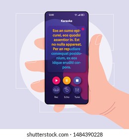 Karaoke entertainment smartphone interface vector template. Mobile app page violet design layout. Song lyrics screen. Flat UI for application. Hand holding phone with sound effects on display