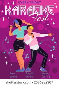 karaoke fest banner. People on musical festival, young teen hold microphone and singing songs on party. Poster design. Entertainment show flyer. Vector cartoon flat isolated contemporary illustration