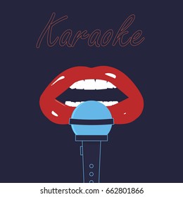 Karaoke flyer, brochure with lips and microphone. Flat design, vector.