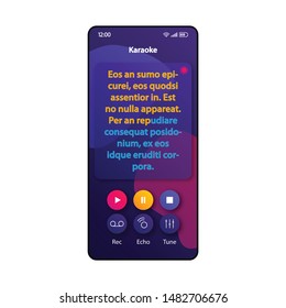 Karaoke fun smartphone interface vector template. Mobile app page violet design layout. Song lyrics, text screen. Flat UI for application. Singing song club performance phone display
