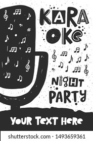 Karaoke hand drawn illustration with typography. Microphone silhouette with stylized lettering. Musical instrument with notes, live show poster with text space