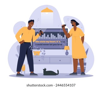 Karaoke at home. Man and woman with microphone singing at apartment. Entretainment, fun and leisure indoors. Party and festival. Cartoon flat vector illustration isolated on white background