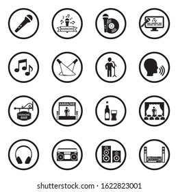 Karaoke Icons. Black Flat Design In Circle. Vector Illustration.