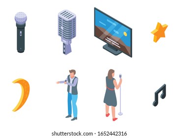 Iconos de karaoke. Conjunto isométrico de iconos vectoriales de karaoke para el diseño web aislado en fondo blanco