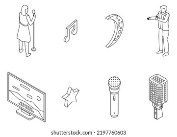 Karaoke icons set. Isometric set of karaoke vector icons outline thin lne isolated on white