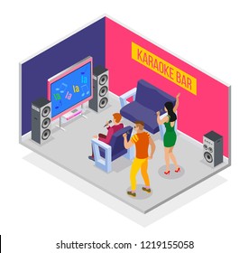 Karaoke isometric background with group of human characters having party in the karaoke room with speakers vector illustration