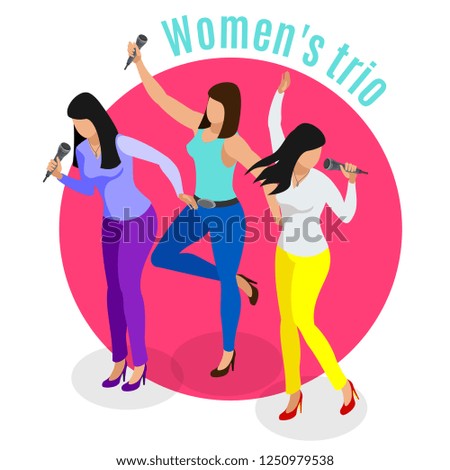 Karaoke isometric background with human characters of women trio singing favourite songs in ktv with text vector illustration