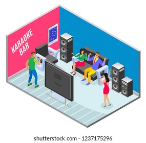 Karaoke isometric composition with ktv bar room and group of friends singing favourite songs with text vector illustration