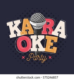 Karaoke Label Sign Design With Microphone Illustration On A Halftone Background.  Vector Image.