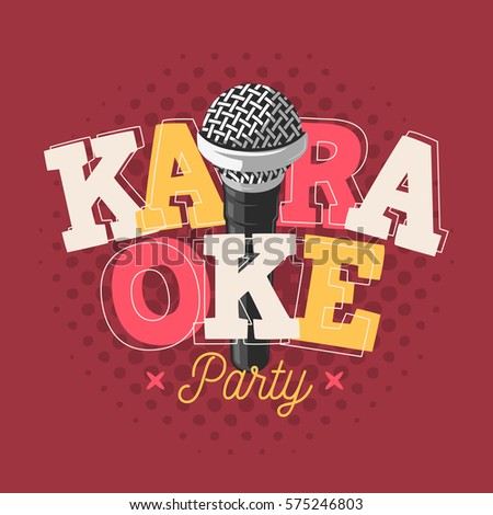 Karaoke Label Sign Design With Microphone Illustration On A Halftone Background.  Vector Image.
