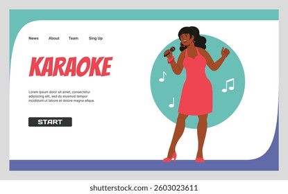 Karaoke landing page. Web advertising banner design. Woman hold microphone, singing song character. Vocalist performance, music entertainment show. Vector cartoon flat style isolated illustration