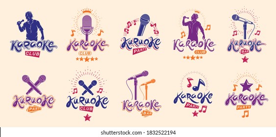 Karaoke logos and emblems vector set, microphones and musical notes singing party or club compositions isolated collection, music entertainment nightlife weekend holidays or birthday theme.