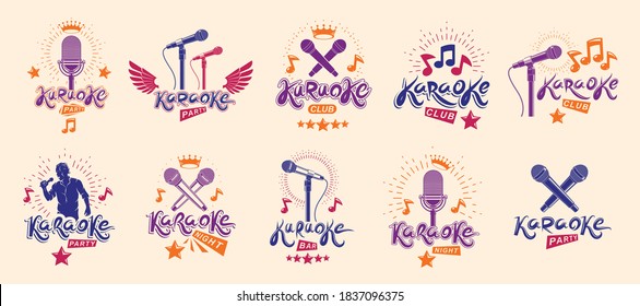 Karaoke logos and emblems vector set, microphones and musical notes singing party or club compositions isolated collection, music entertainment nightlife weekend holidays or birthday theme.