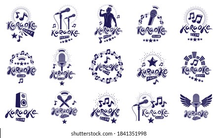 Karaoke logos and emblems vector set, microphones and musical notes singing party or club compositions isolated collection, music entertainment nightlife weekend holidays or birthday theme.