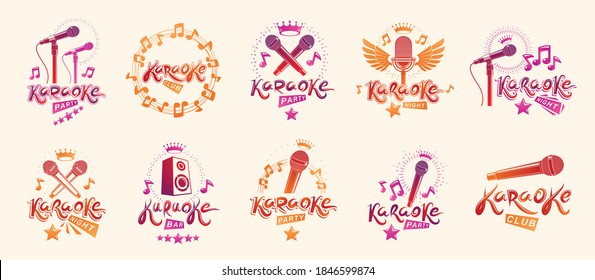 Karaoke logos and emblems vector set, microphones and musical notes singing party or club compositions isolated collection, music entertainment nightlife weekend holidays or birthday theme.