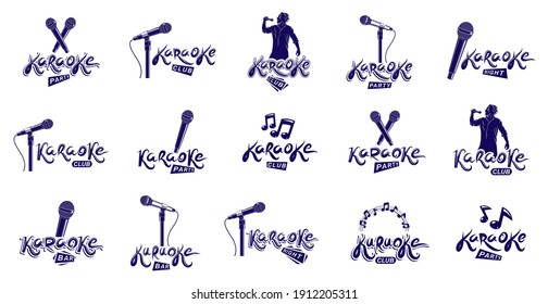 Karaoke logos and emblems vector set, microphones and musical notes singing party or club compositions isolated collection, music entertainment nightlife weekend holidays or birthday theme.