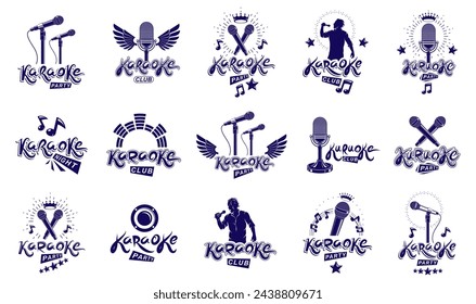 Karaoke logos and emblems vector set, microphones and musical notes singing party or club compositions isolated collection, music entertainment nightlife weekend holidays or birthday theme.