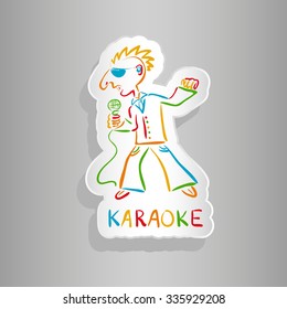 karaoke man sticker. Icon or logo of singer with microphone. Vector illustration.