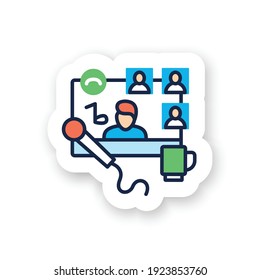 Karaoke meetup color sticker. Meeting together badge for designs. Internet streaming website. Live stream. Social distanced singing party. Remote public event