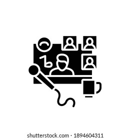 Karaoke meetup glyph icon. Meeting together concept. Internet streaming website. Live stream. Social distanced singing party. Remote public event. Isolated silhouette vector illustration