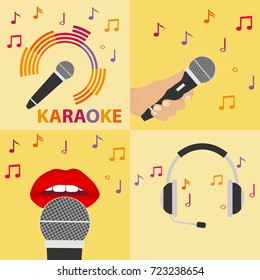 Karaoke microphone, microphone in hand, headphones. Flat design, vector illustration, vector.