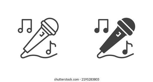 Karaoke microphone icon, line and glyph version, outline and filled vector sign. Music note and microphone linear and full pictogram. Symbol, logo illustration. Different style icons set