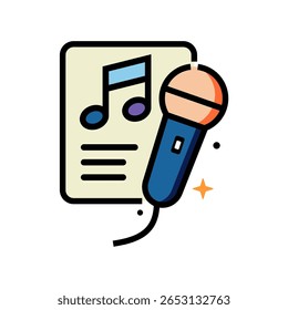 Ícone de microfone do Karaoke com notas musicais e plano de fundo do documento