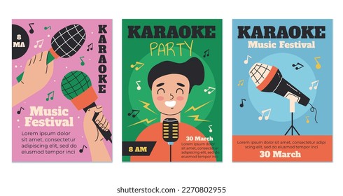 Karaoke microphone mic music retro poster banner flyer concept set. Vector graphic design element illustration