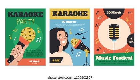 Karaoke microphone mic music retro poster banner flyer concept set. Vector graphic design element illustration