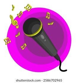 Karaoke microphone and musical notes on round cartoon scene background. Decorative element for decorating advertising of karaoke club or bar. 3D vector isolated on white background