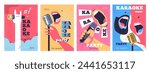 Karaoke microphone posters. Open mic festival, singer party singing event poster abstract design art, night music sound concert or comedy club flyer set, classy vector illustration