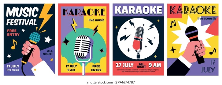 Karaoke microphone posters. Sing open mic flyer, night club music party poster vintage retro fun design concert stage song festival vocal event set qualitative vector illustration