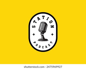 Karaoke music club, bar, audio record studio, festival, stand up, vector logo with retro old microphone. Vintage style logo.