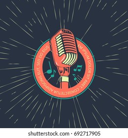 Karaoke Music Club, Bar, Audio Record Studio Vector Logo With Microphone On Vintage