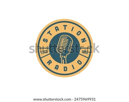 Karaoke music club, bar, audio record studio, festival, stand up, vector logo with retro old microphone. Vintage style logo.